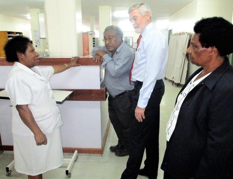 Chairman Guinn, Dr Ripa and Sr Kali are being briefed on the operations of the surgical ward by Ward Manager, Sr Elizabeth Malt.