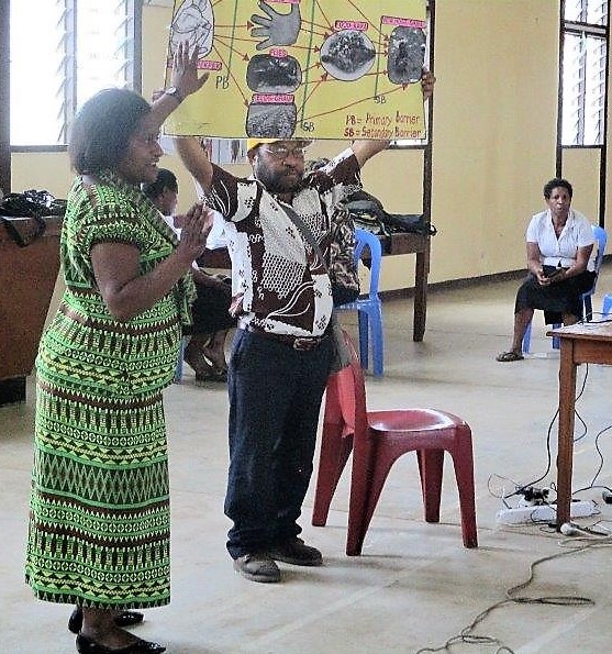 The participants of the three social mobilisation groups listening to members of the health promotion team doing their presentations on polio.