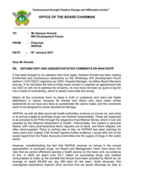 WHPHA response to Samson Komati WhatsApp nonsense (page 1)
