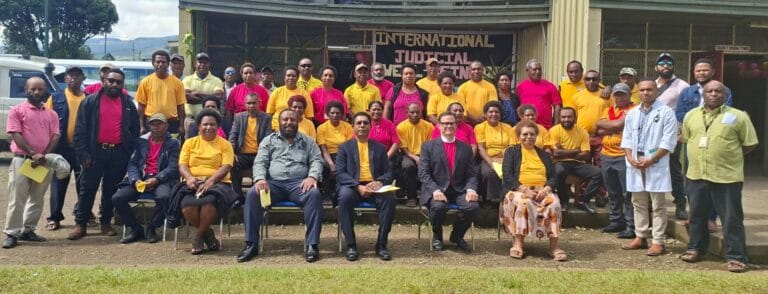 Mt Hagen National Court of Justice staff pose for a group photo with Mt Hagen Hospital Staff during the Judicial Wellbeing Day
