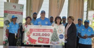Hospital Manager Serah Dot (Second from left), Tony Incoll (Branch Manager, Brian Bell Home Centre), Acting CEO WHPHA Jane Holden, and Sr Joan Okk (Paediatric Unit Supervisor) pose together for a group photo during the donation.